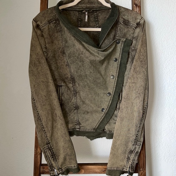 Free People Draped Denim Moto Jacket - Picture 2 of 6